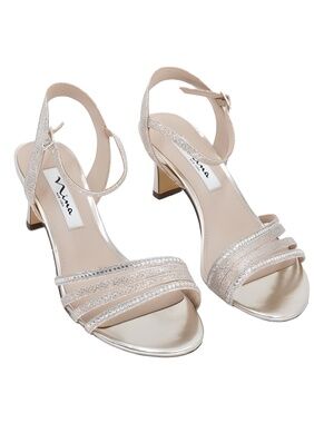 Nina Skyla Silver Gold Glitter Strappy Evening Sandal 2" Block Heel Size 6.5W